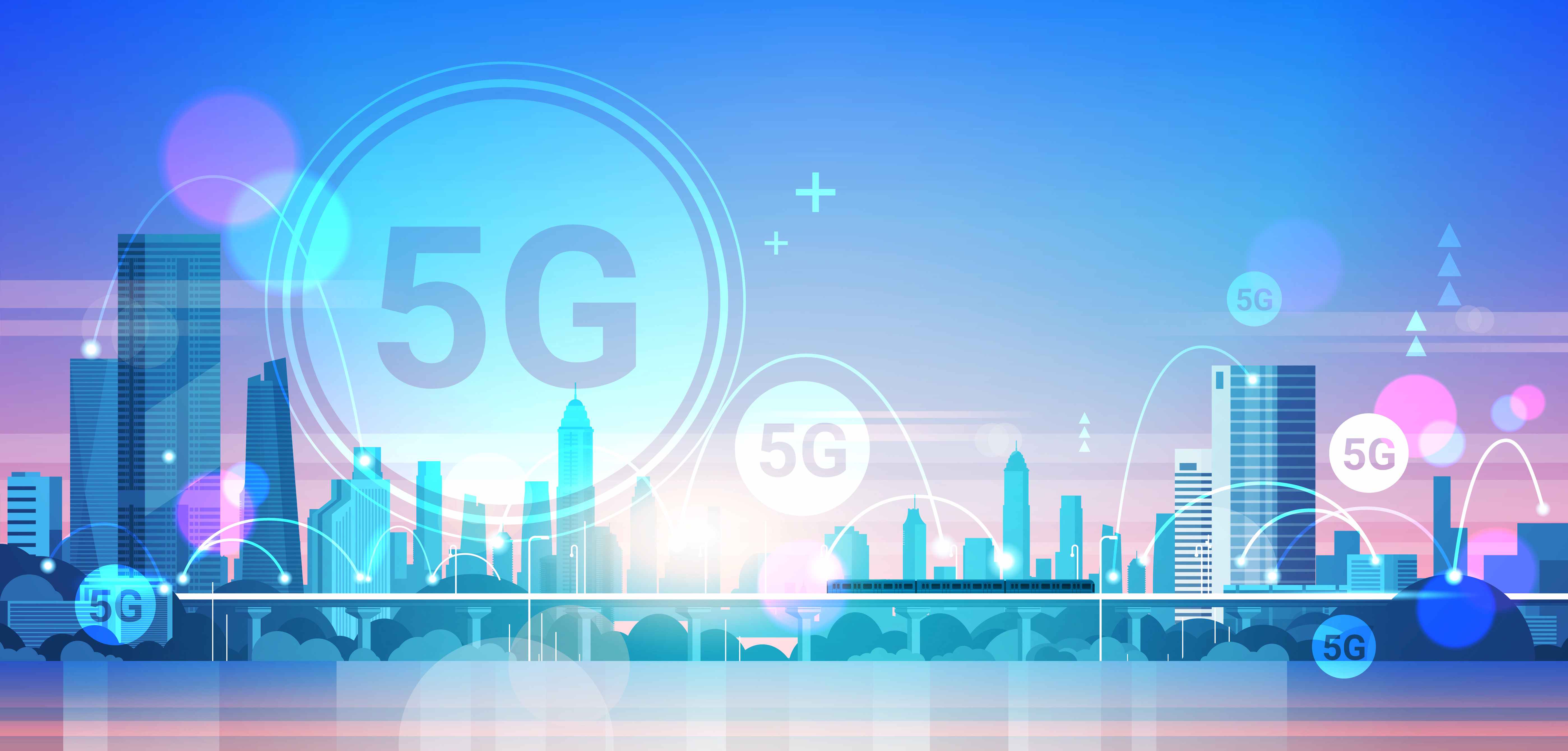 5G written over city with sunset background