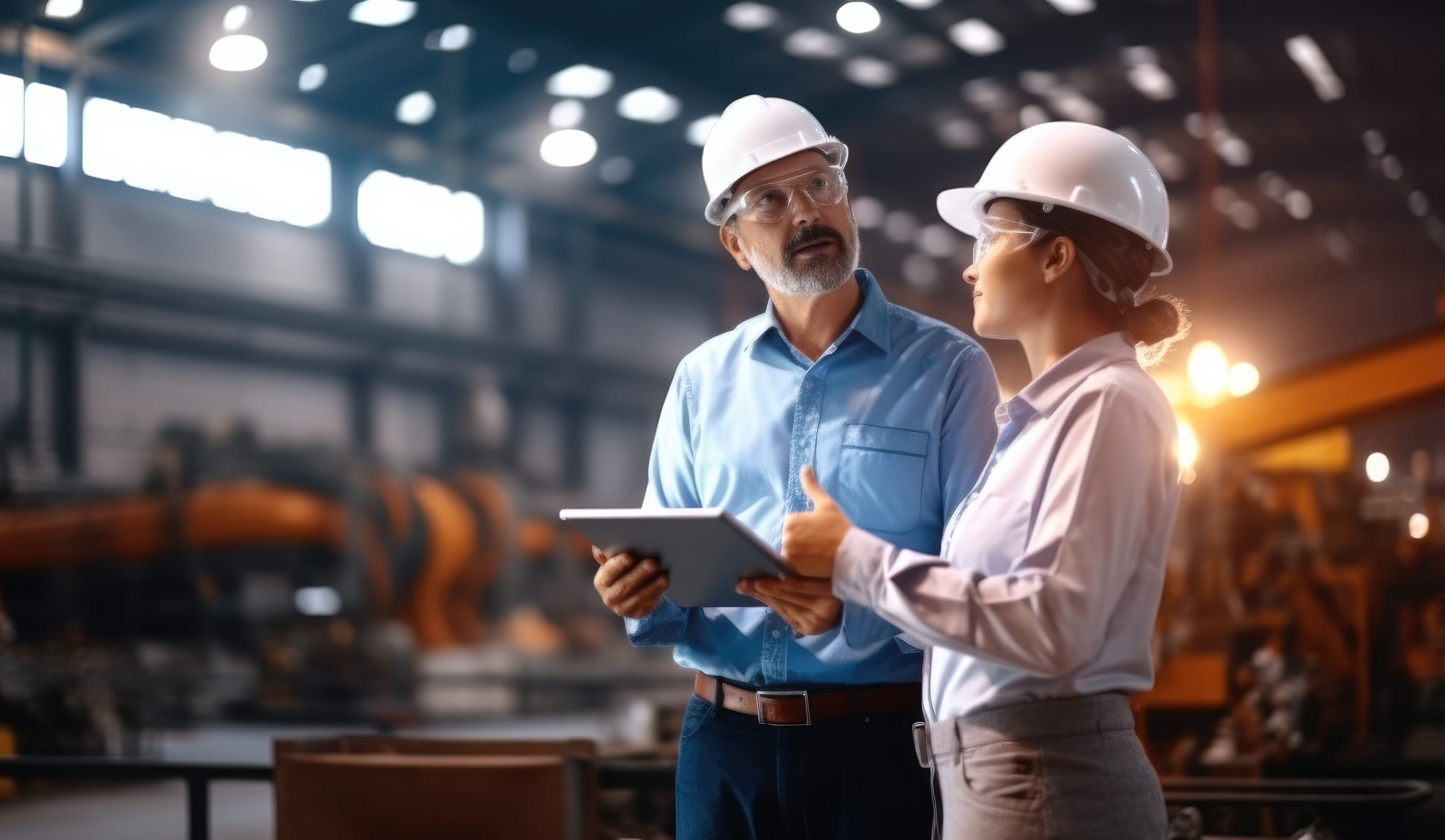 Two people standing in factory working on industrial IoT technology